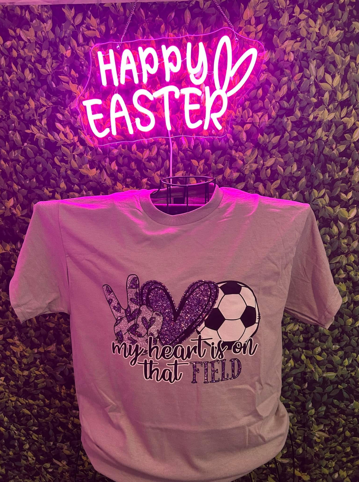 Faux Glitter Purple Peace Love Soccer