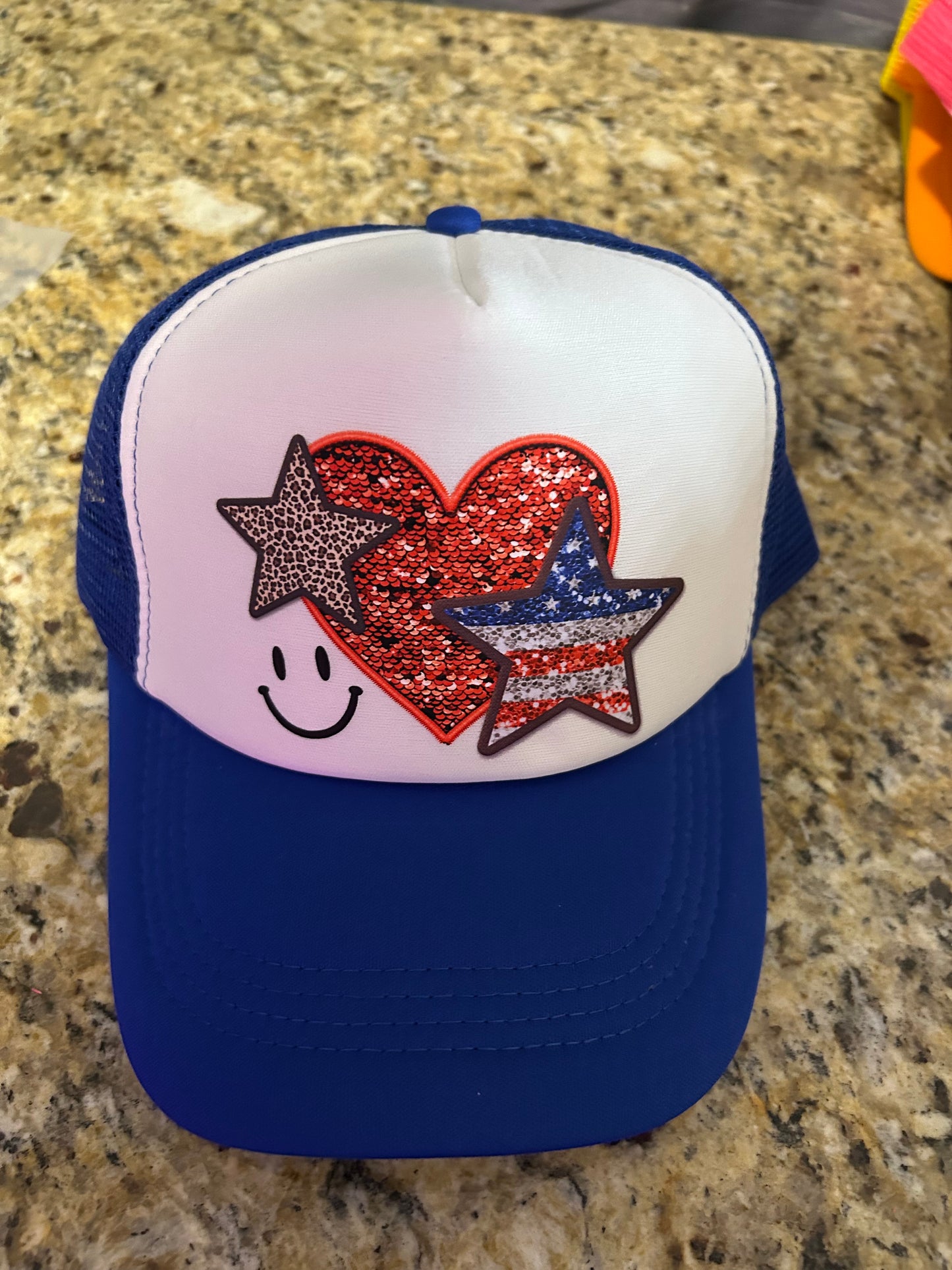 Faux Glitter Red, White, and Blue Trucker Hat