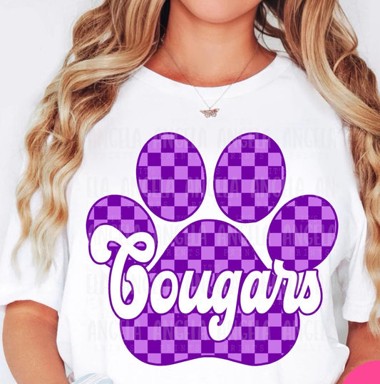 Purple checkered Cougars paw