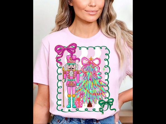 Striped Frame with colorful nutcracker/Christmas trees