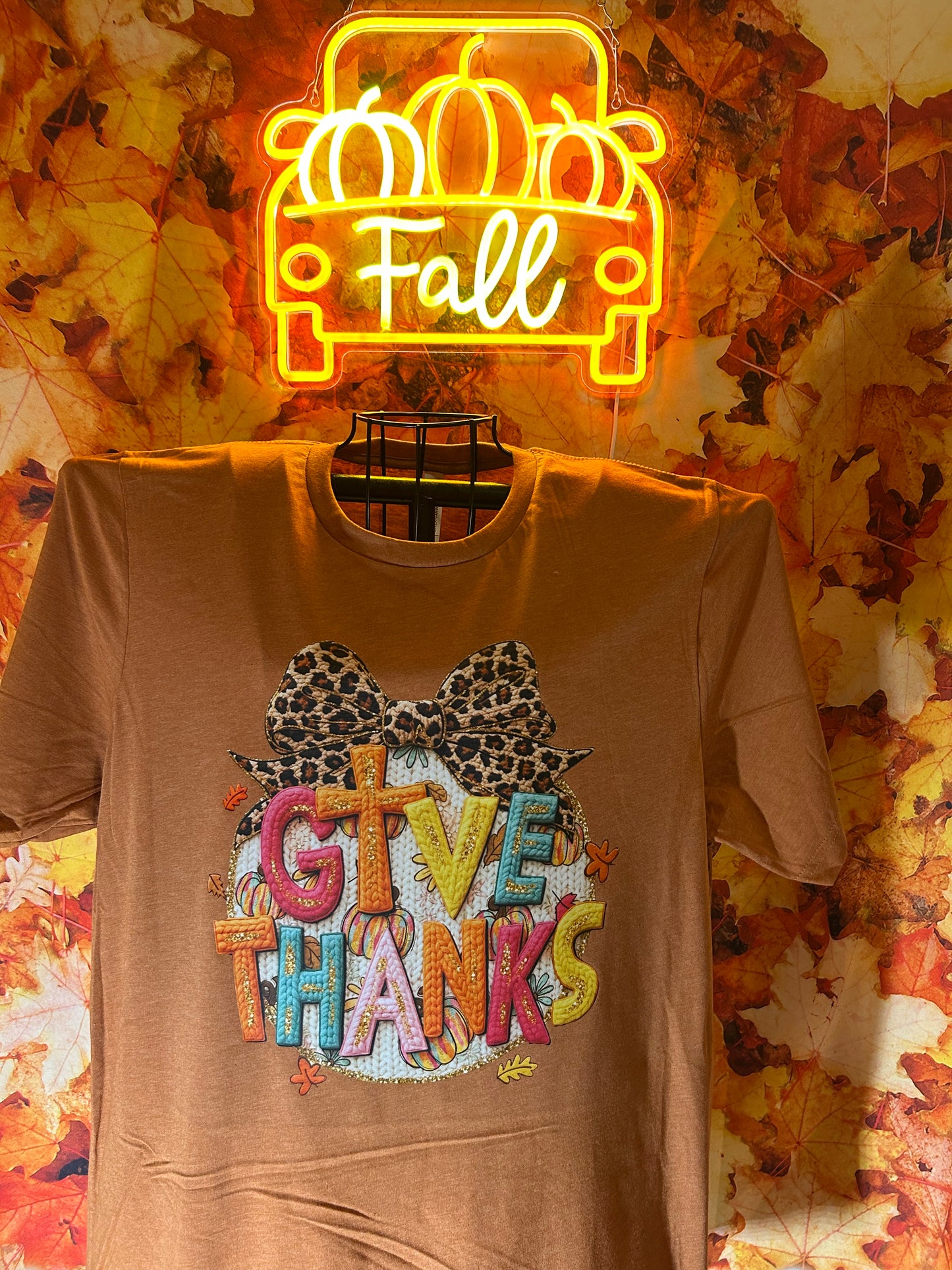 Faux Yarn Colorful Give Thanks with leopard bow