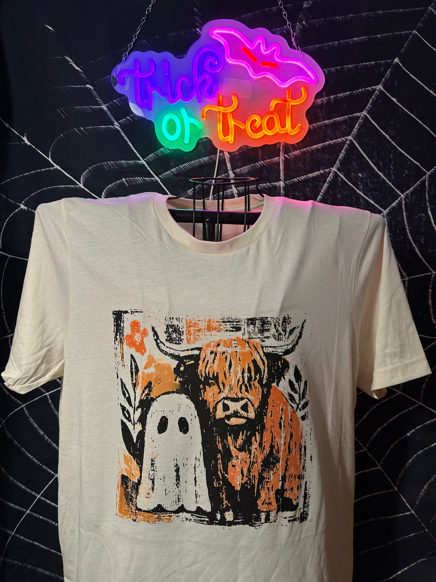 Halloween highland cow and ghost