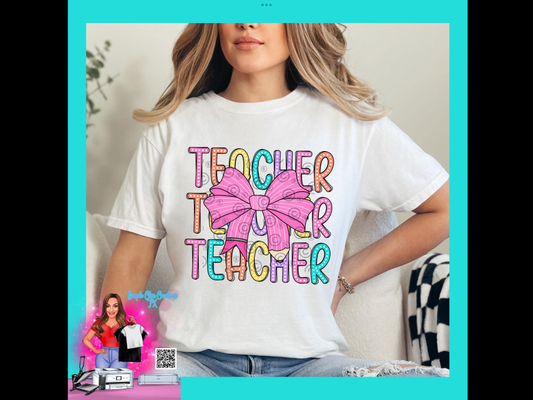 Colorful Stacked Teacher with pink Pencil Bow